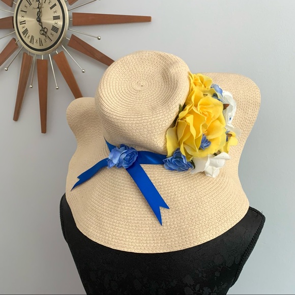 Retro PinUp Floppy Beach Hat, Blue Yellow Flowers - Picture 2 of 10